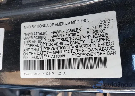 2020 Honda Accord Sport from USA, damaged, VIN 1HGCV1F33LA146009